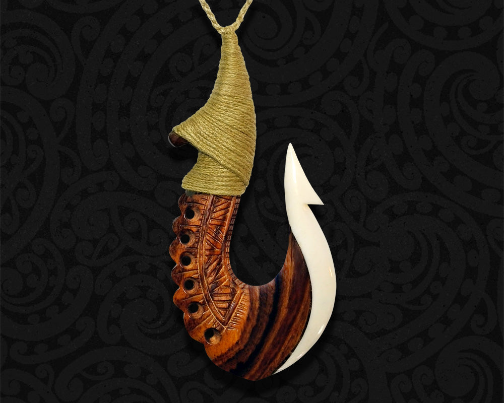 Wood & Bone Hei Matau Fish Hook Pendant 90mm