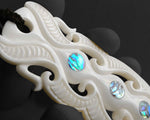 Hand-Carved Maori Bone Pendant with Three Pāua Shell Inlays (83mm x 40mm)