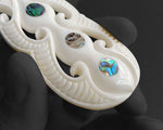 Hand-Carved Maori Bone Pendant with Three Pāua Shell Inlays (83mm x 40mm)