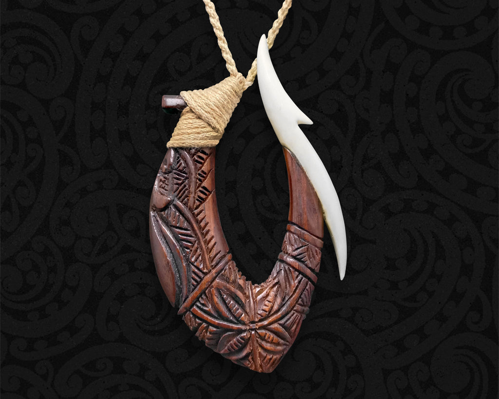 28mm Carved Water Buffalo Bone Paua Abalone Maori Matau Fish Hook Necklace  26 