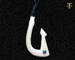 Hand carved Maori bone Hei Matau fish hook necklace with black adjustable cord, traditional NZ protection charm