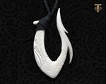 Hand-carved bone Hawaiian Makau fish hook necklace