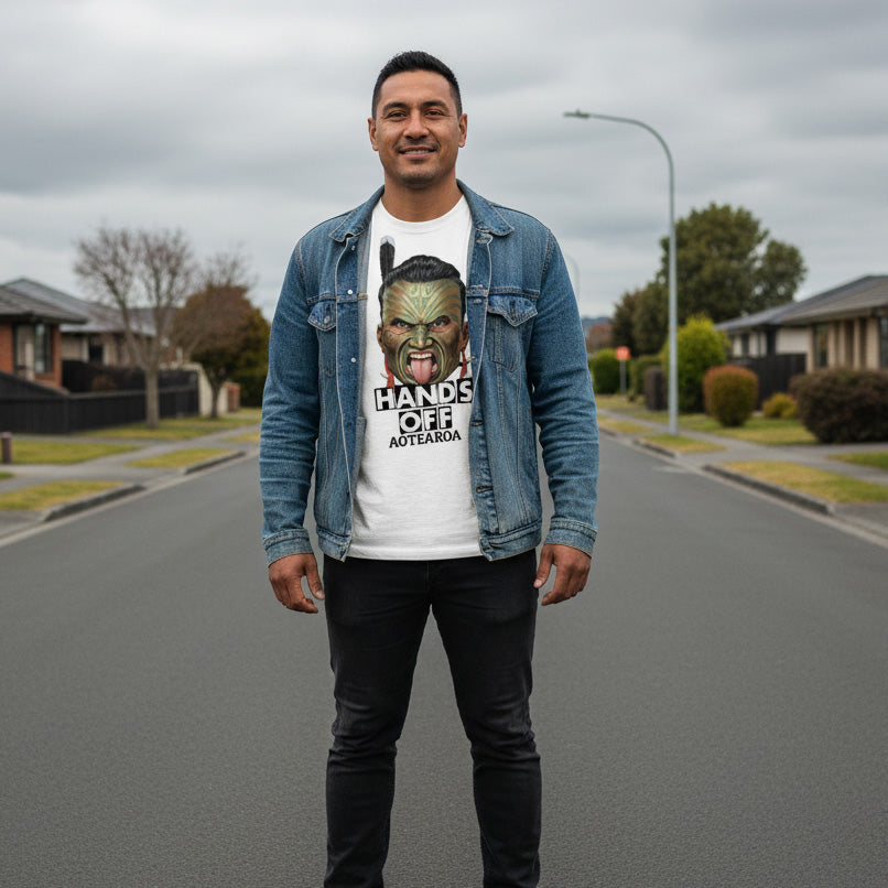 Man wearing a denim jacket over a maori t-shirt on a suburban street.