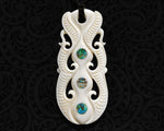 Hand-Carved Maori Bone Pendant with Three Pāua Shell Inlays (83mm x 40mm)