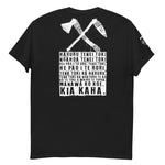 Black Maori T-Shirt with White Crossed Toki Adze Graphic and Kia Kaha Karakia Text
