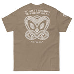 Maori T-Shirt with modern Koruru ancestor carving and "Ko Au Te Whenua" quote about the land.