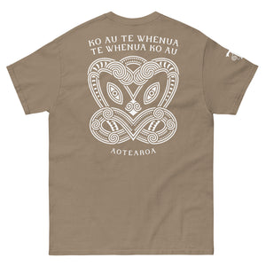 Maori T-Shirt with modern Koruru ancestor carving and "Ko Au Te Whenua" quote about the land.