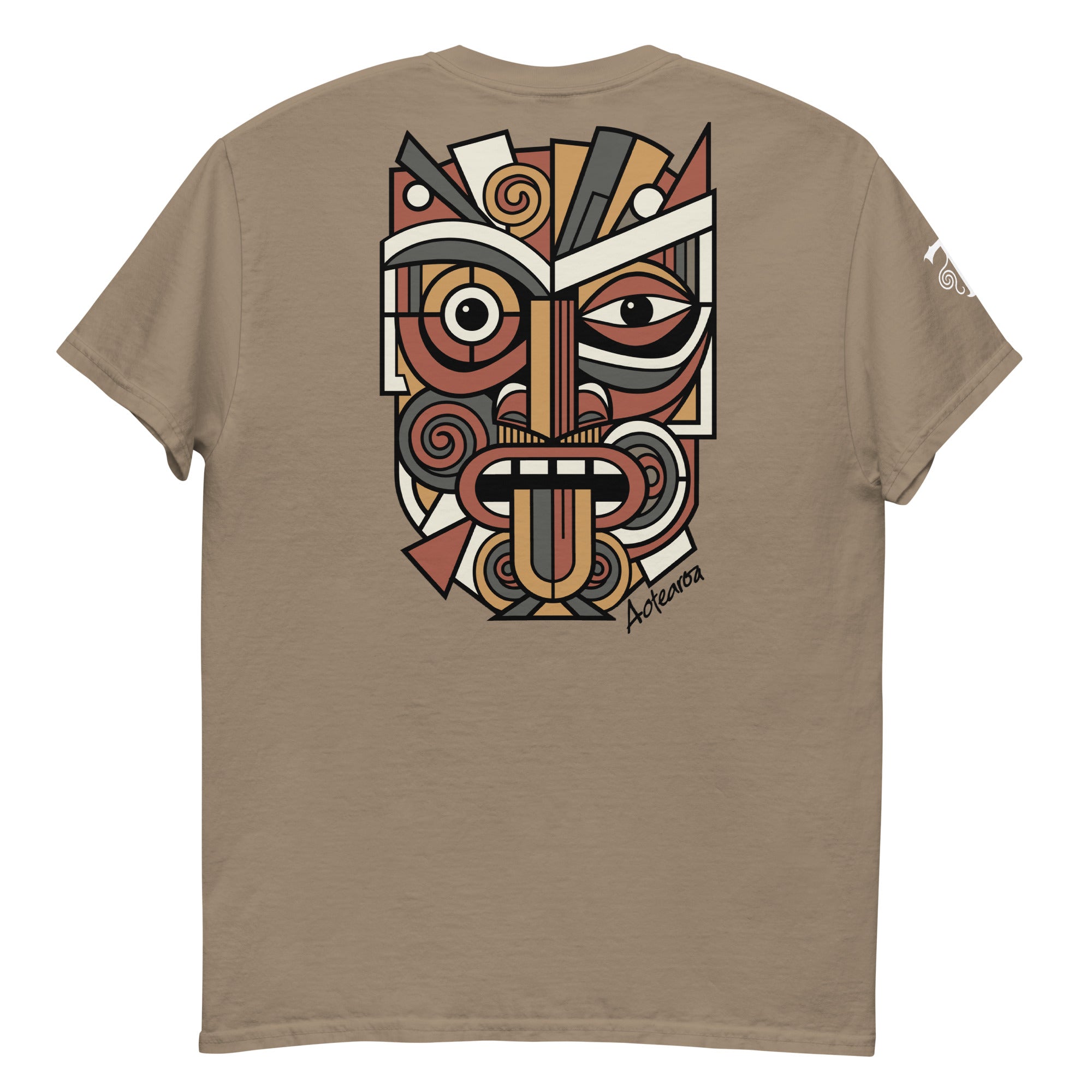 Unisex Maori T-Shirt with multi-colored Abstract Geometric Koruru Mask Design in Picasso style.
