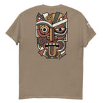 Unisex Maori T-Shirt with multi-colored Abstract Geometric Koruru Mask Design in Picasso style.
