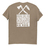 Maori T-Shirt with White Crossed Toki Adze Graphic and Kia Kaha Karakia Text