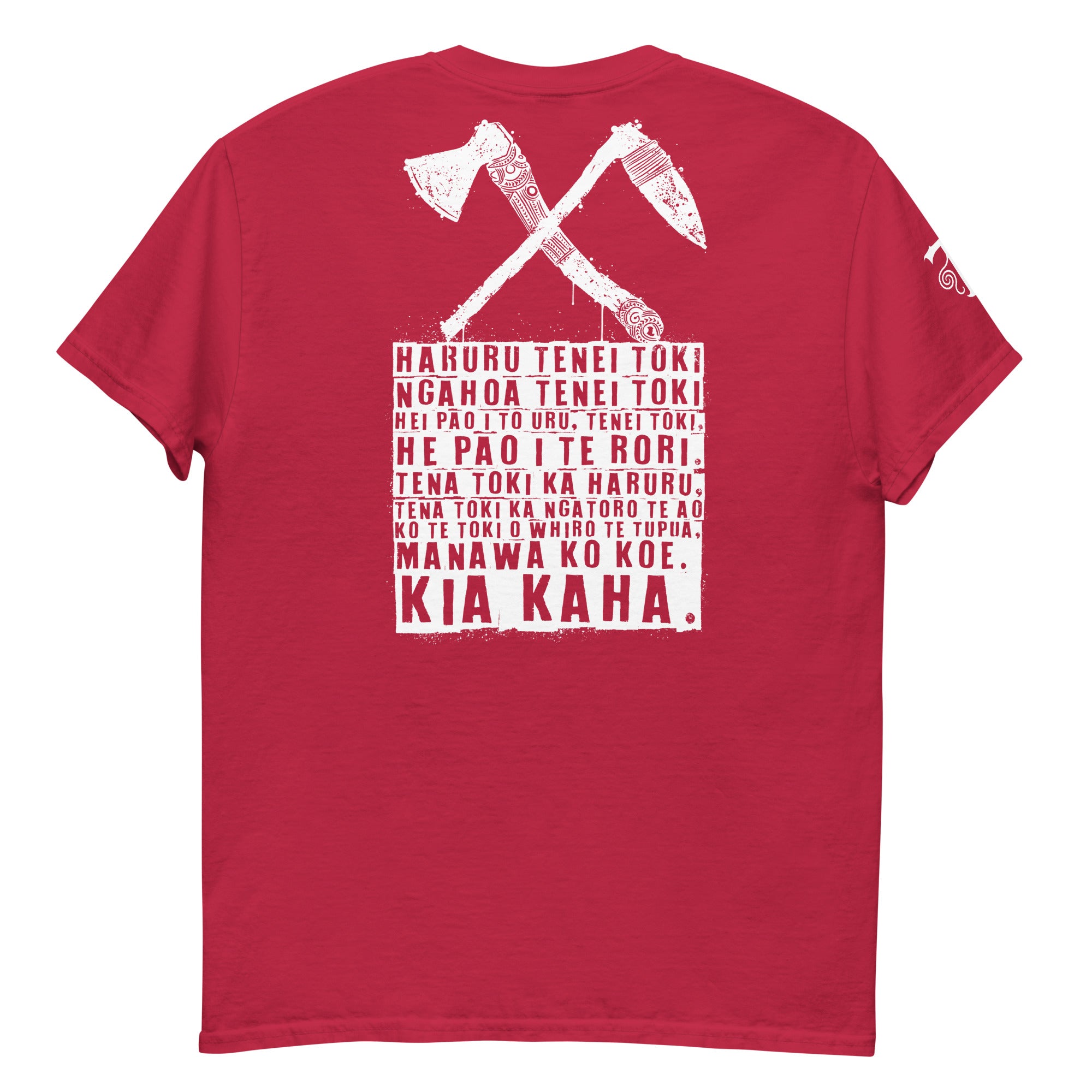 Red Maori T-Shirt with White Crossed Toki Adze Graphic and Kia Kaha Karakia Text