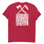 Red Maori T-Shirt with White Crossed Toki Adze Graphic and Kia Kaha Karakia Text
