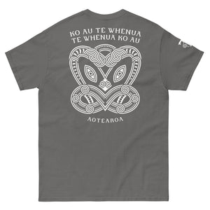 Maori T-Shirt with modern Koruru ancestor carving and "Ko Au Te Whenua" quote about the land.