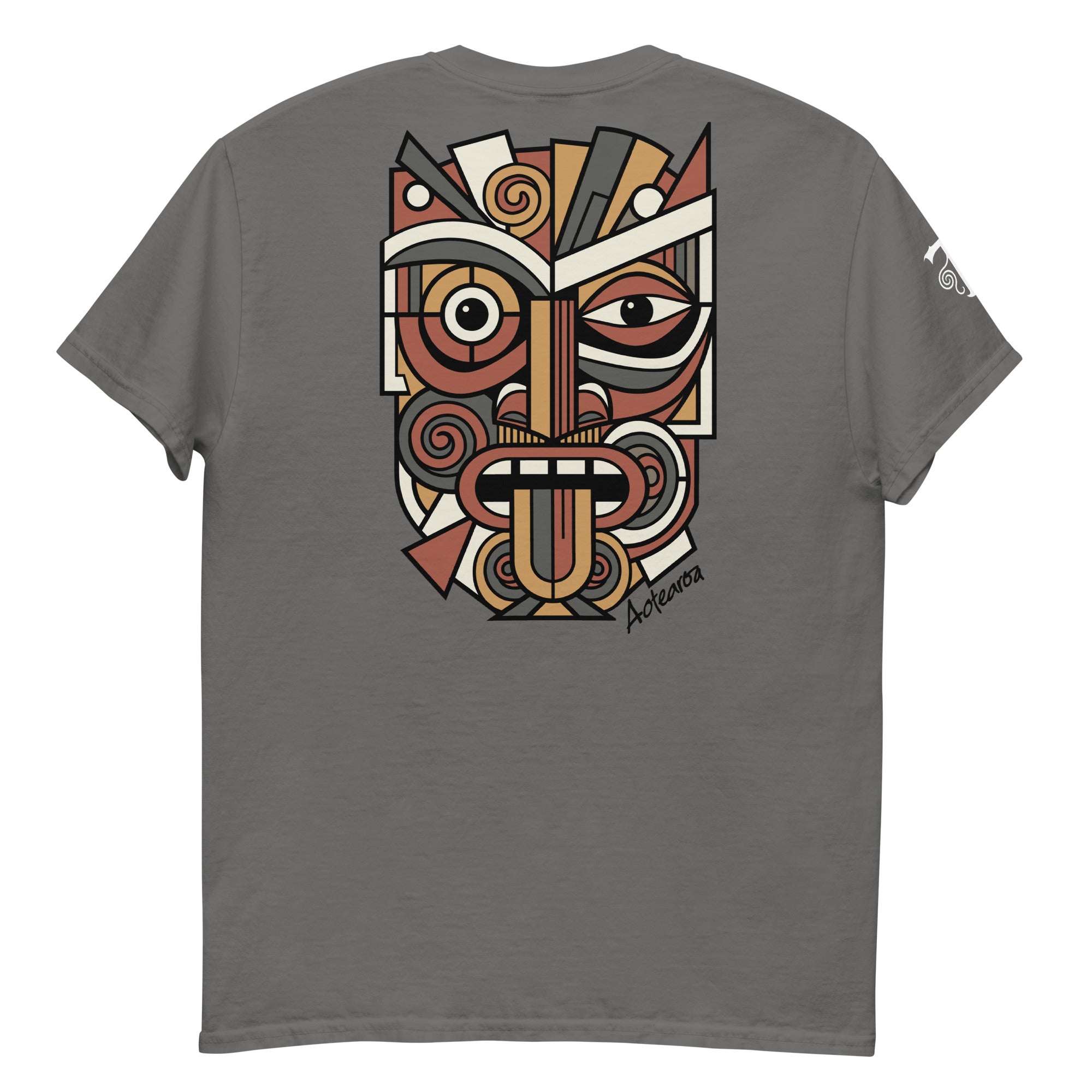 Unisex Maori T-Shirt with multi-colored Abstract Geometric Koruru Mask Design in Picasso style.