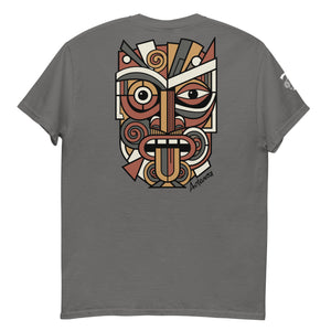 Unisex Maori T-Shirt with multi-colored Abstract Geometric Koruru Mask Design in Picasso style.