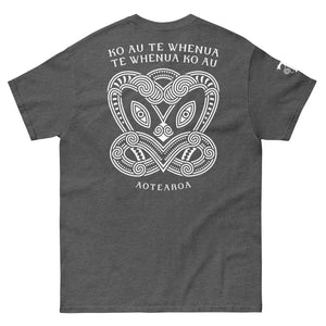 Maori T-Shirt with modern Koruru ancestor carving and "Ko Au Te Whenua" quote about the land.