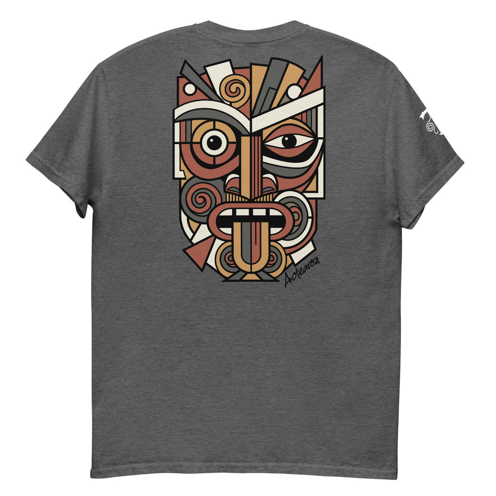 Unisex Maori T-Shirt with multi-colored Abstract Geometric Koruru Mask Design in Picasso style.