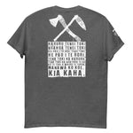 Grey Maori T-Shirt with White Crossed Toki Adze Graphic and Kia Kaha Karakia Text