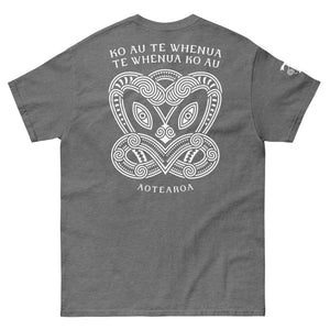 Maori T-Shirt with modern Koruru ancestor carving and "Ko Au Te Whenua" quote about the land.