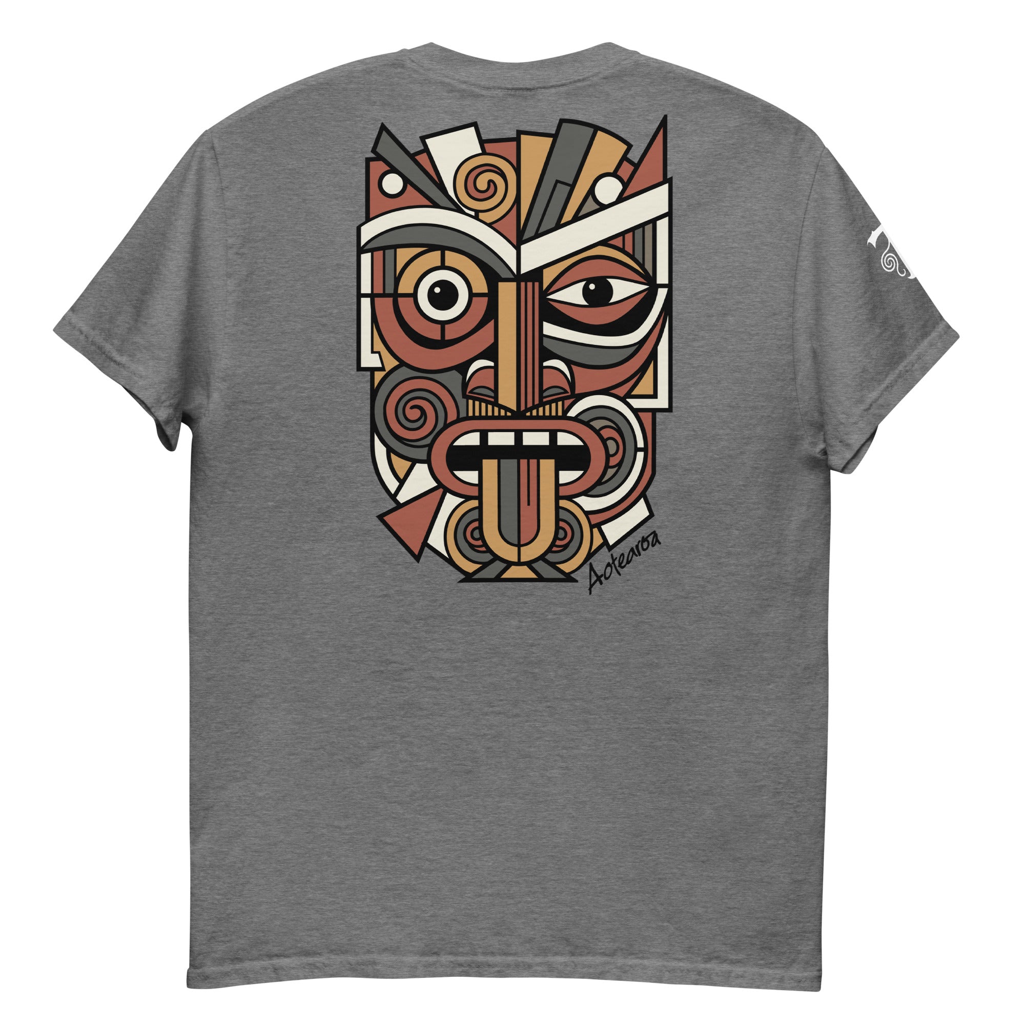 Unisex Maori T-Shirt with multi-colored Abstract Geometric Koruru Mask Design in Picasso style.