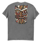 Unisex Maori T-Shirt with multi-colored Abstract Geometric Koruru Mask Design in Picasso style.