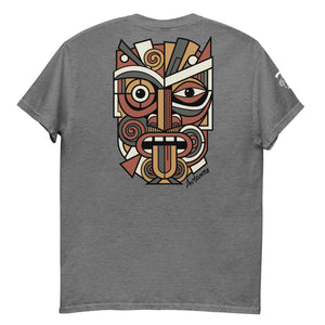 Unisex Maori T-Shirt with multi-colored Abstract Geometric Koruru Mask Design in Picasso style.