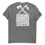 Maori T-Shirt with White Crossed Toki Adze Graphic and Kia Kaha Karakia Text