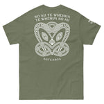 Maori T-Shirt with modern Koruru ancestor carving and "Ko Au Te Whenua" quote about the land.
