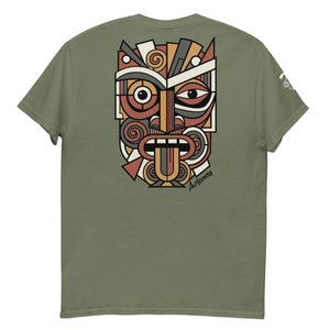 Unisex Maori T-Shirt with multi-colored Abstract Geometric Koruru Mask Design in Picasso style.
