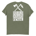 Maori T-Shirt with White Crossed Toki Adze Graphic and Kia Kaha Karakia Text