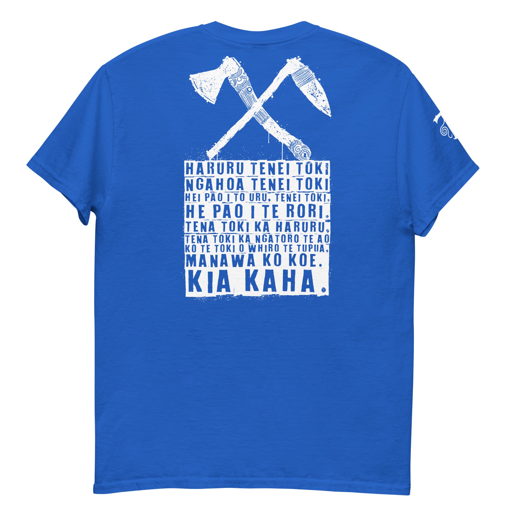 Blue Maori T-Shirt with White Crossed Toki Adze Graphic and Kia Kaha Karakia Text