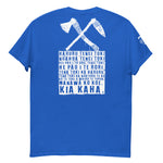 Blue Maori T-Shirt with White Crossed Toki Adze Graphic and Kia Kaha Karakia Text