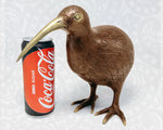 The Large Brass Kiwi shown next to a 330ml soda can to provide a clear real-world size comparison.