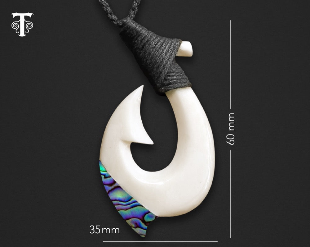 Paua Shell Inlay Bone Hei Matau Fish Hook 60mm