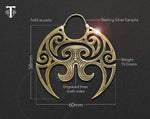 Detailed craftsmanship of the brass Moko Kauae earring design, a symbol of Maori heritage by Tuwharetoa Bone