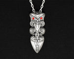 Close-up of the silver Maori Taiaha pendant detailing intricate carvings