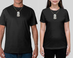 Front view of hand-carved Maori bone Tiki pendant necklace shown on models