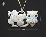 Front view showcasing a hand-carved Maori bone Tiki pendant necklace, highlighting measurements