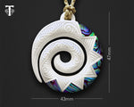 Close-up of Intricate Maori Engravings and Paua Shell Detailing on a Koru Bone Pendant