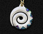 Hand-carved Maori Koru Bone Pendant from with Paua Shell Inlay