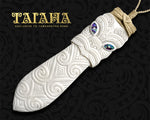 King Taiaha large hand-carved bone Maori pendant with paua shell inlays