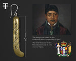 Close-up of a Brass Kapeu Maori Earring with measurements 