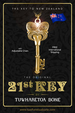 Maori 21st Key Pendant featuring a traditional Koruru carving and 'NZ' detail, exclusive to Tuwharetoa Bone