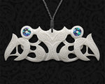 Maori Hei Pekapeka bone pendant Paua shell inlay