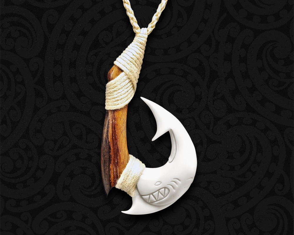 Cow Bone Fish Hook with Black Enamel Carving Necklace 25x42mm