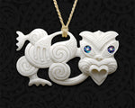 Front view showcasing a hand-carved Maori bone Tiki pendant necklace, highlighting its traditional design, intricate detailing, and smooth bone finish
